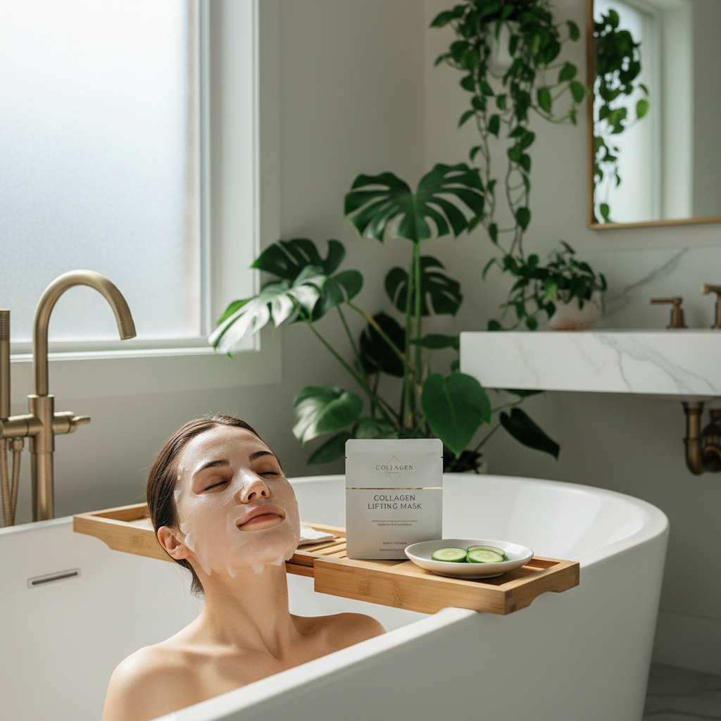 Woman relaxing with collagen lifting face mask in a bright spa-inspired bathroom