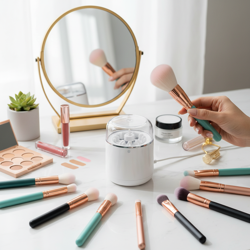 Electric makeup brush cleaner on vanity with colorful brushes and beauty products