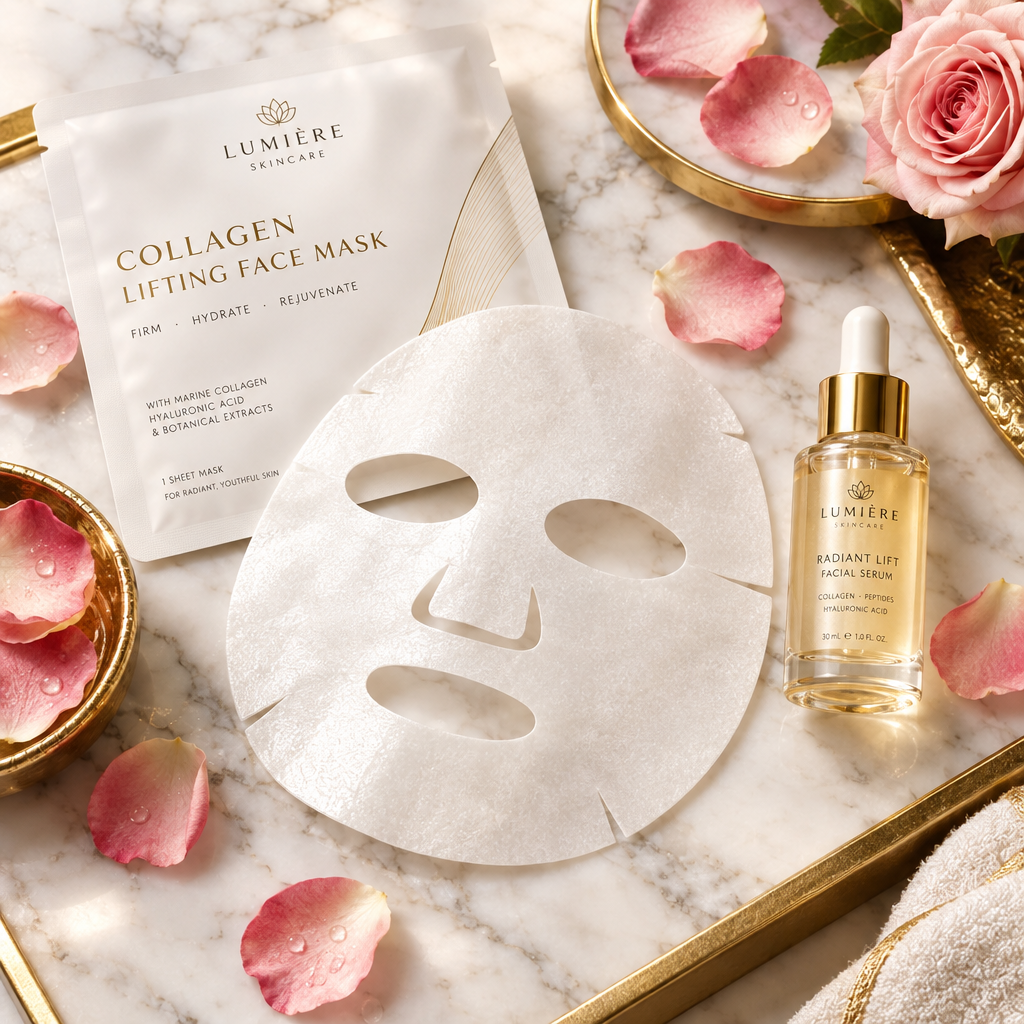 Collagen Lifting Face Mask – luxury marble flat lay hero shot